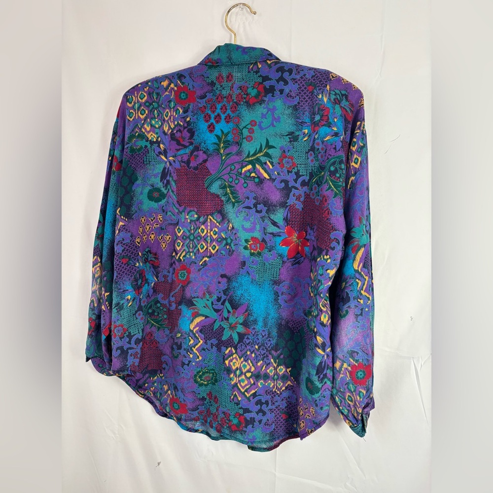 VTG 90s Structured Tropical Print Boho‎ Streetwear Button Up Blouse Size L-XL - Picture 11 of 13